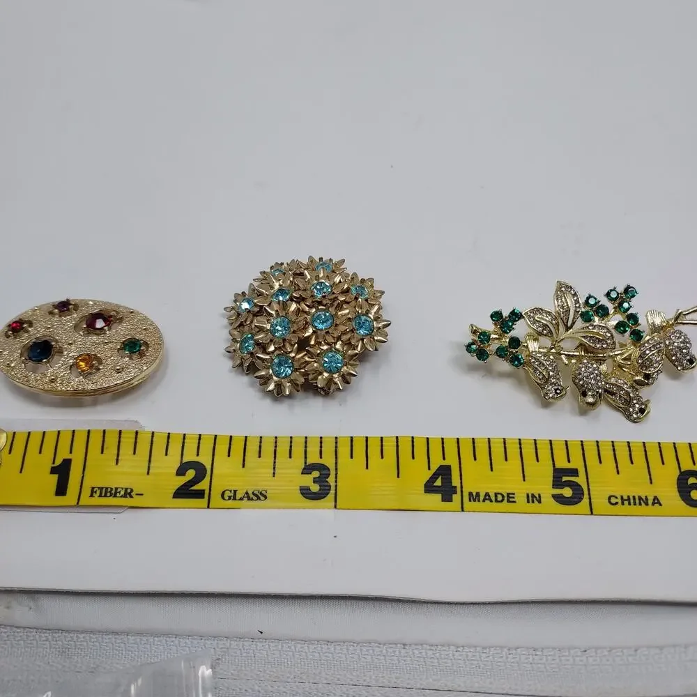 Set 3 Vintage Gold Tone Rhinestone Brooches 1 Signed Emmons Flower Birds Oval